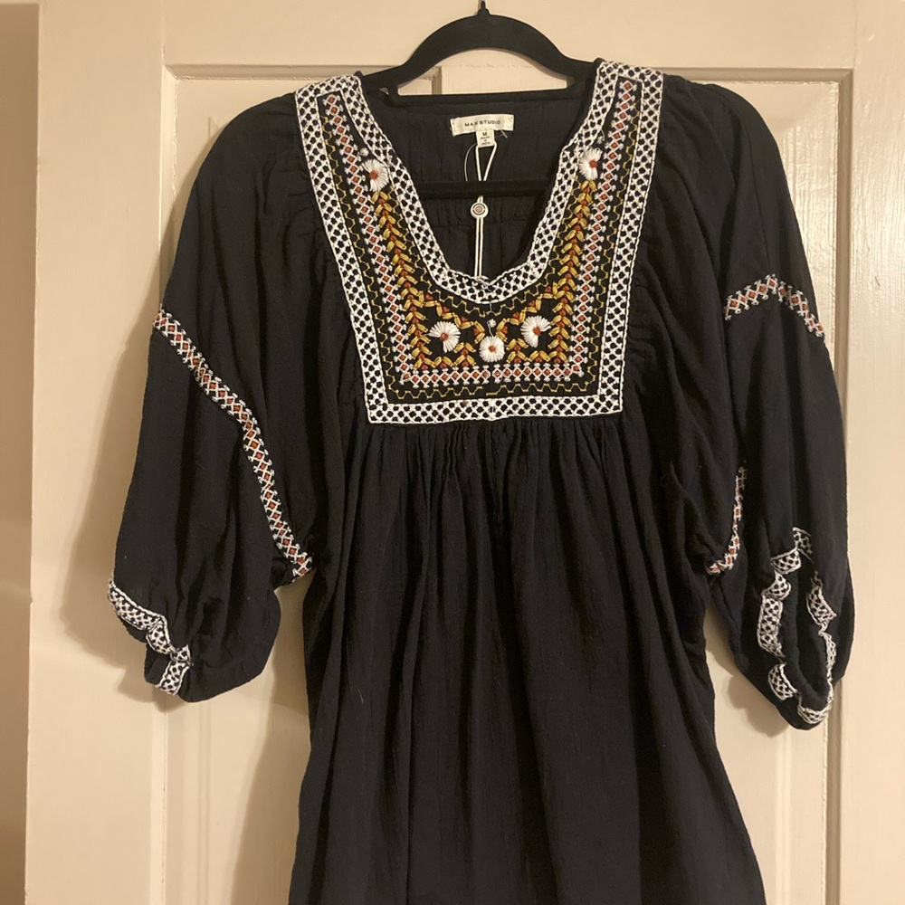 Max Studio Black Embellished 3/4 Sleeve Peasant Blouse